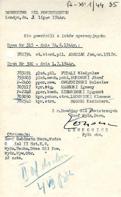 V4, SS- DOWODZWO SIL POWlETRZ=1 Londyn, dn. 3. lipca 1944r. olish Institute and Sikorski Muse Nie powrócili z lotów operacyjnych: Dyon Nr 315 - dnia 24. 6. 194/4x.. : 782794 st, sierż. pil.