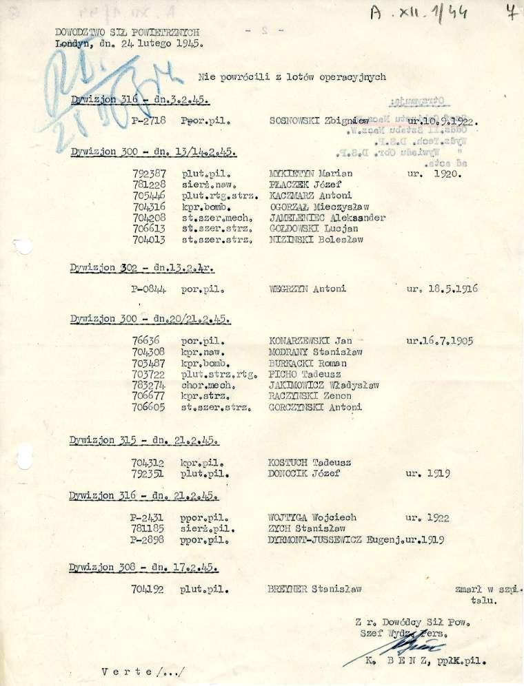 DOWODZ0 SIŁ PWIETRZNYCH Loild dn. 24- lutego 1945. Archives References: A.XII.1/44, >( ( k 4/ LI (1 (4- viz4on 31 P-2718 Ppor.pil. Nie powrócili z lotów operacyjnych SOSNOMKI n r f 'f.