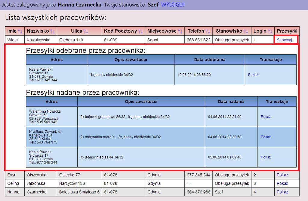 pracowników Po kliknięciu na