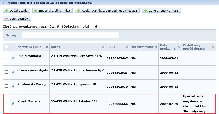 Kliknij przycisk Zapisz. Uczeń pojawi się na liście.