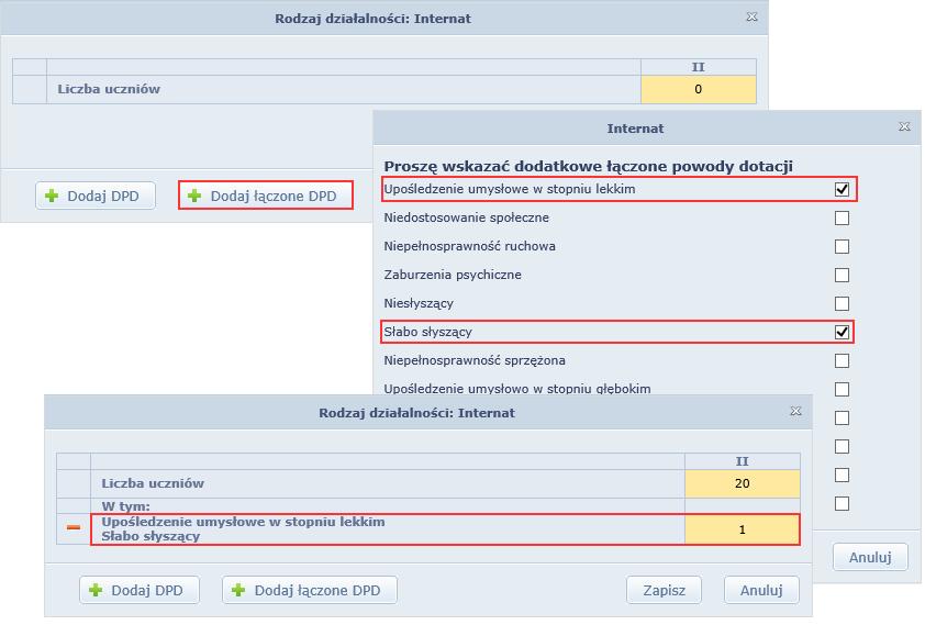 Aby dodać do tabeli wiersze, w których zostaną wykazane liczby uczniów z pojedynczymi dodatkowymi powodami dotacji, skorzystaj z przycisku Dodaj DPD.