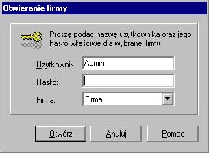 16 Rozdział 1 2. Wpisać w odpowiednie pola swój identyfikator i hasło oraz wskazać nazwę firmy. 3. Wybrać przycisk polecenia Otwórz. Zostanie otwarta wybrana firma.