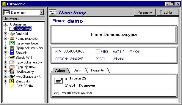 Wybrać na drzewku w lewej części okna gałąź Dane Firmy. W prawej części otworzy się panel z nazwą firmy. 3. Wybrać polecenie Edytuj [CTRL+ENTER] z menu kontekstowego.