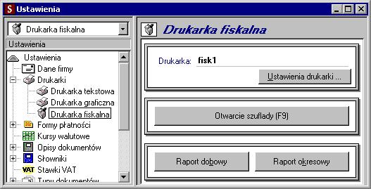 20 Rozdział 1 Drukarki fiskalne Okno to umożliwia ustalanie parametrów fiskalnej oraz udostępnia podstawowe polecenia: otwarcie szuflady kasy i wydruk raportów fiskalnych.