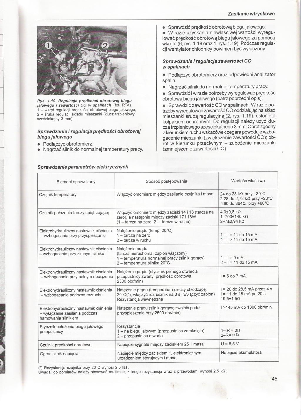 Zasilanie wtryskowe. Sprawdzic predkosc obrotowa biegu jalowego.. W razie uzyskania niewlasciwej wartosci wyregulowac predkosc obrotowa biegu jalowego za pomoca wkreta (6, rys. 1.18 oraz 1, rys. 1.19).