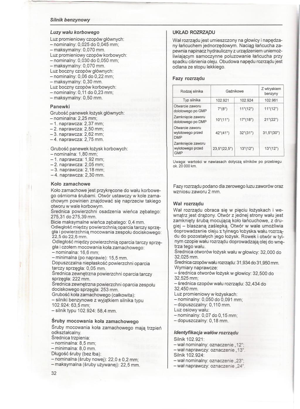 Si/nik benzynowy Luzy walu korbowego Luz promieniowy czopów glównych: - nominalny: 0,025 do 0,045 mm; - maksymalny: 0,070 mm.