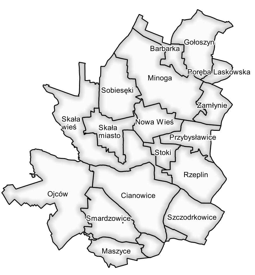 Rys.3. Schemat granic sołectw gminy Skała (źródło: opracowanie własne) Gmina ma powierzchnię ok 74,3 km 2 i zamieszkuje ją 10 354 osoby (stan na 31 grudnia 2013 r.). Gęstość zaludnienia wynosi 139,3 osób/km 2.