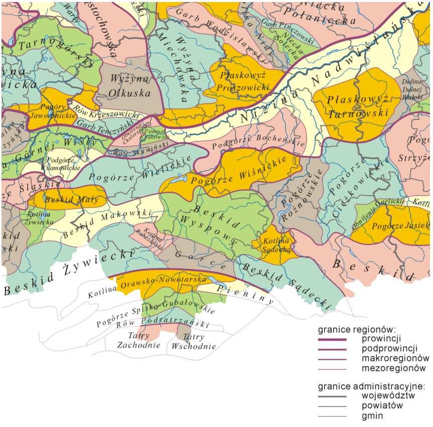 Rys.4. Mapa mezoregionów fizycznogeograficznych Polski na tle szczegółowego podziału administracyjnego (źródło: Jerzy Kondracki: Geografia regionalna Polski. Warszawa: PWN, 2002.) Rys.5.