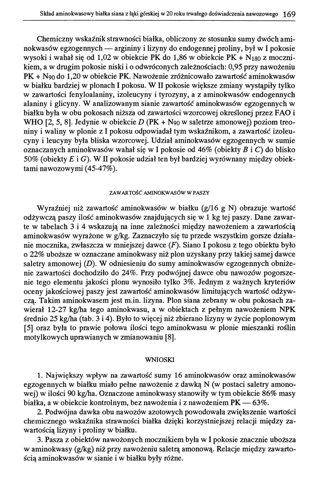Skład aminokwasowy białka siana z łąki górskiej w 20 roku trwałego doświadczenia nawozowego 1 6 9 Chemiczny wskaźnik strawności białka, obliczony ze stosunku sumy dwóch aminokwasów egzogennych