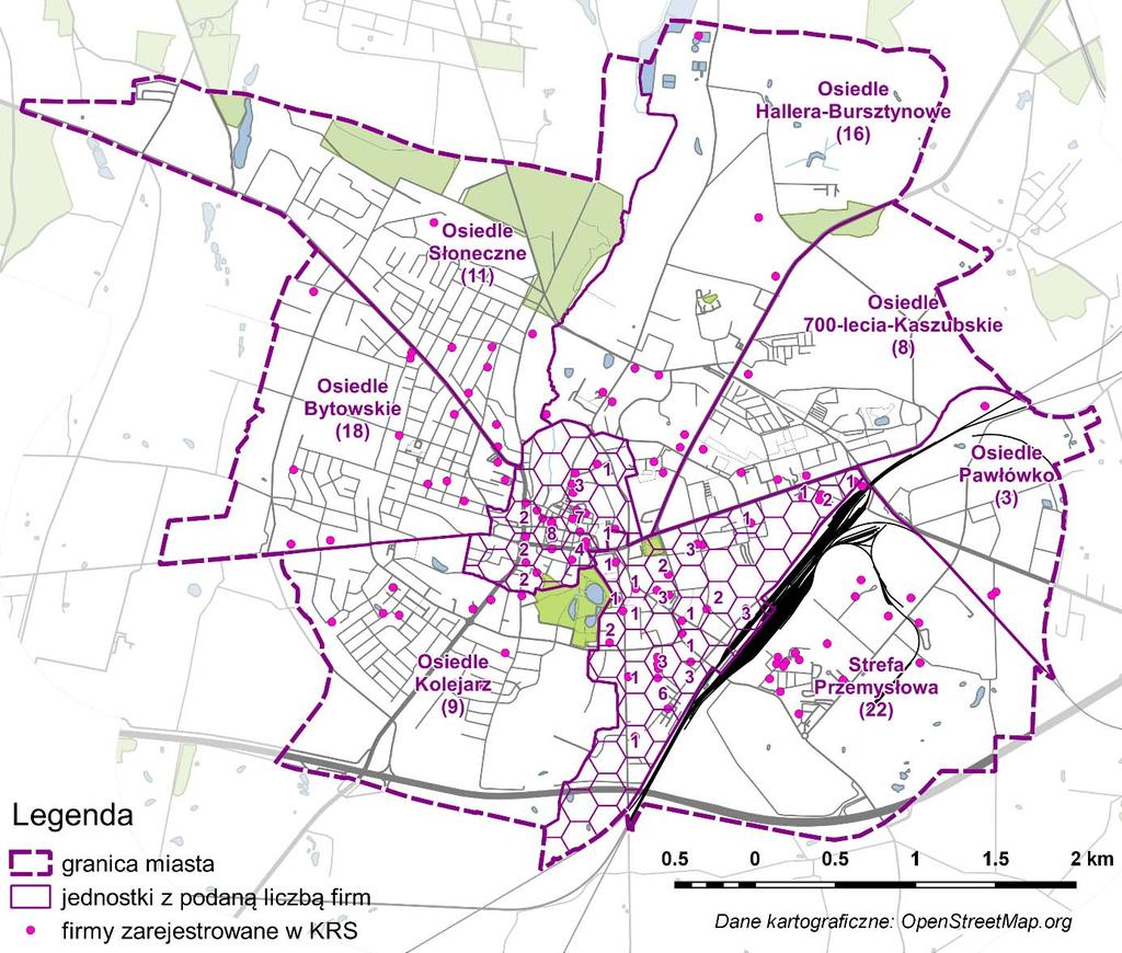 Rys. 14. Liczba zarejestrowanych przedsiębiorstw wpisanych do KRS Źródło: opracowanie własne (B. Ciastek) Firmy te koncentrują się w centralnej części Śródmieścia.