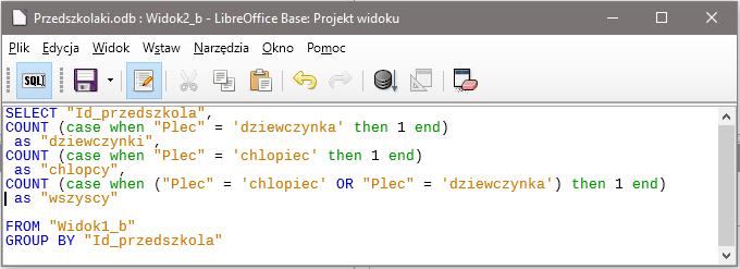 W panelu Tabele kliknąć prawym klawiszem myszy na Widok2_b i wybrać z menu rozwijalnego Edycja w widoku SQL;