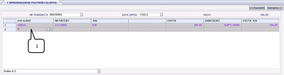 Przejście między kontrahentami a kontami księgowymi możliwe jest poprzez wpisanie w pierwsze pole wiersza *, potwierdzając przyciskiem ENTER.