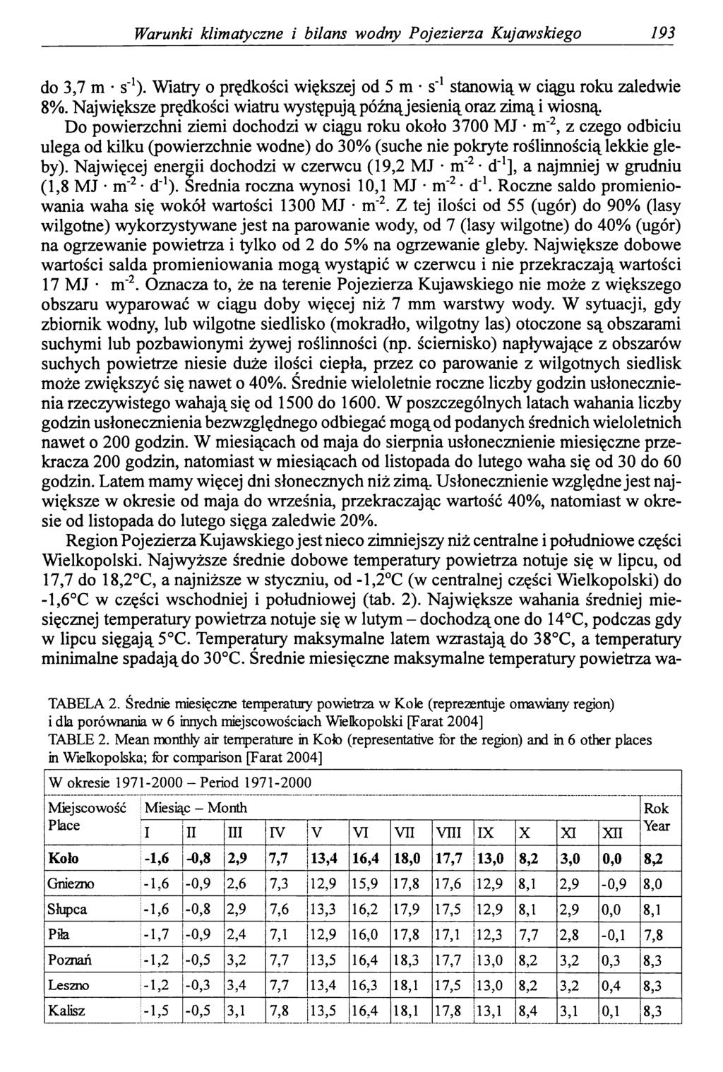 Warunki klimatyczne i bilans wodny Pojezierza Kujawskiego 193 do 3,7 m s'1). Wiatry o prędkości większej od 5 m s"1 stanowią w ciągu roku zaledwie 8%.