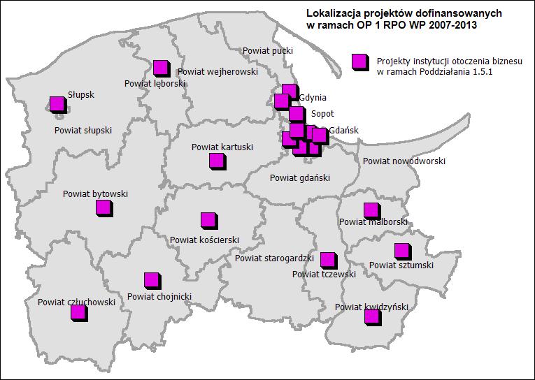 Mapa 4. Lokalizacja projektów instytucji otoczenia biznesu (budowa/rozbudowa) w ramach Poddziałania 1.5.