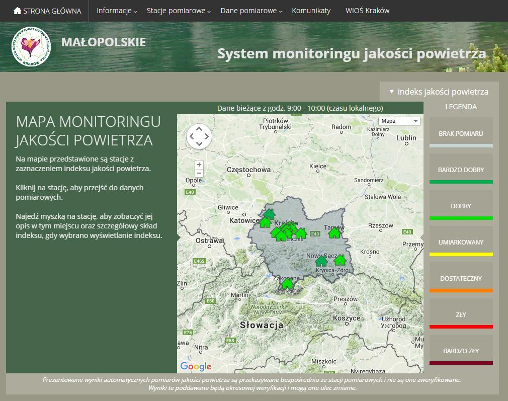 Aktualny stan jakości powietrza w województwie małopolskim Jakość powietrza on-line Aplikacja na