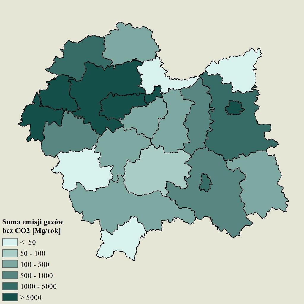 Mg/rok 350 000 300 000 250 000 200 000 150 000 100 000 50 000 0 Źrodło:GUS Emisja gazów (bez CO2) przez podmioty korzystające ze