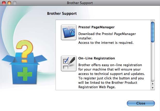 N ekrnie Brother Support (Pomo tehnizn Brother) kliknij ikonę Presto! PgeMnger, y przejść n stronę umożliwijąą pornie progrmu Presto! PgeMnger, nstępnie postępuj zgonie z wyświetlnymi instrukjmi.