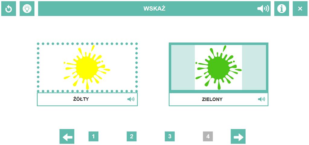 Wyświetla instrukcje dotyczące sposobu wykonania ćwiczenia. Opcja ta jest aktywna w wybranych ćwiczeniach, wymagających od pacjenta wskazania odpowiedzi myszką.