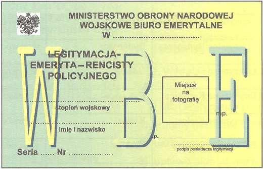 Wzór nr 32 do 23 Legitymacja o wymiarach 55 mm x 85 mm, oprawa twarda, materiał karton, kolor zielonoŝółty z napisem w tle WBE, dwustronnie foliowana Strona 1 Czarne napisy wykonane róŝną czcionką: w