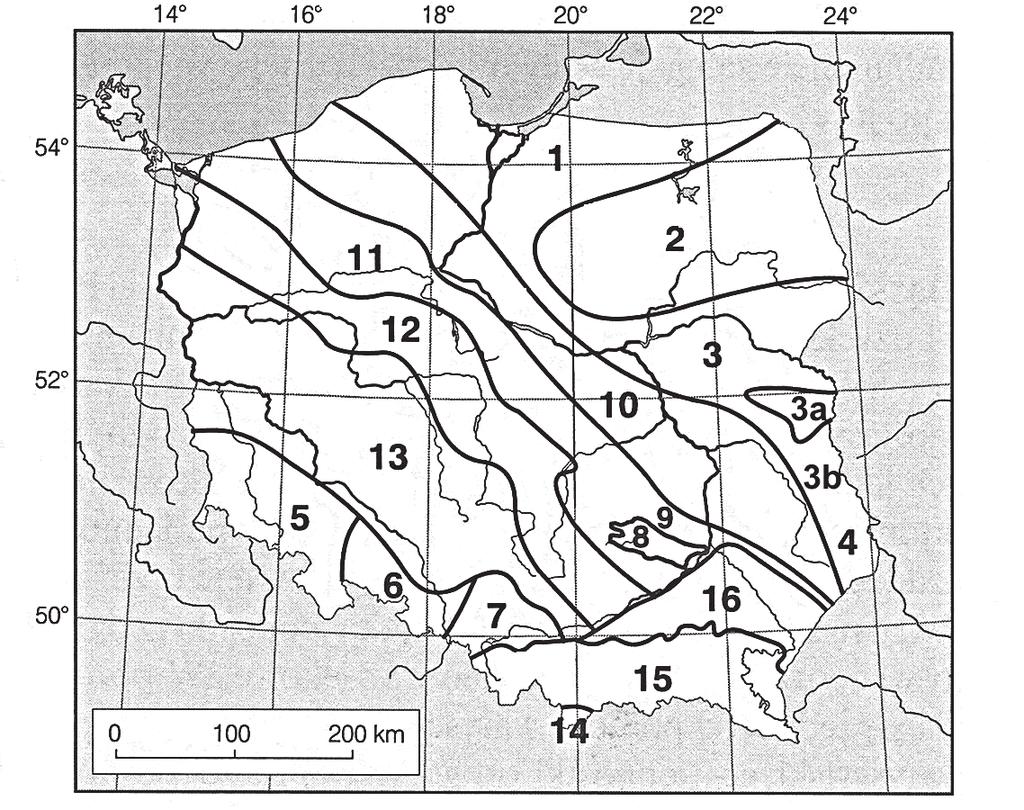 14 Zadanie 28. (2 pkt) Mapa przedstawia rozmieszczenie g ównych jednostek tektonicznych Polski.