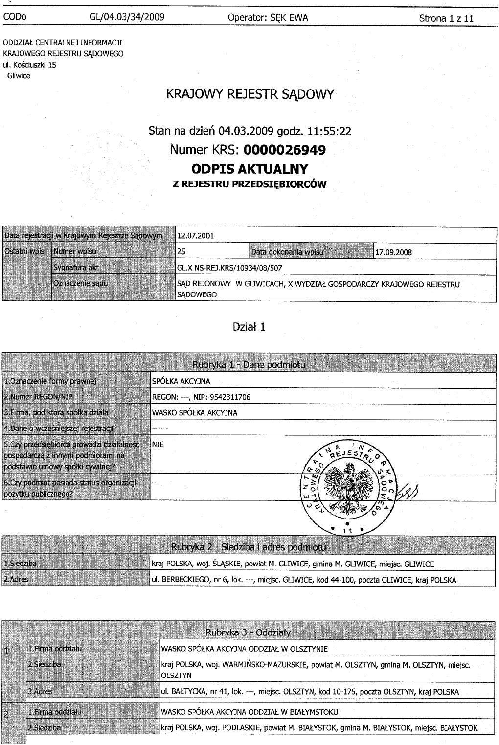 Załącznik nr 6 do Planu Połączenia Odpis z rejestru