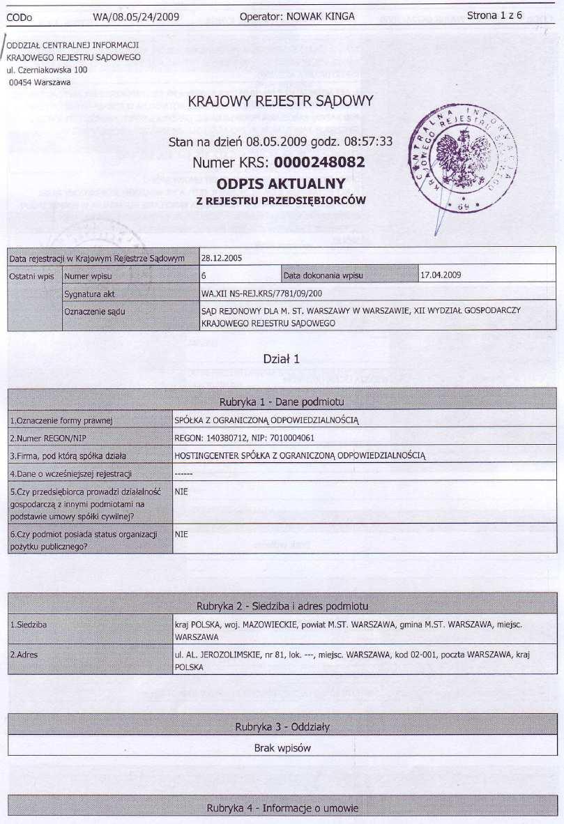 Załącznik nr 7 do Planu Połączenia Odpis z rejestru