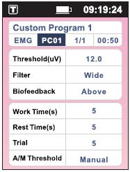 8.2. Parametry EMG 10 Czas trwania programu Maksymalnie 99 minut (wyliczany automatycznie) Threshold (V) - próg 0.6-2000 V.