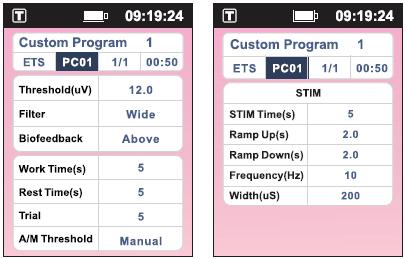 14 Aby dostosować podstawowe parametry w zabiegach ETS, należy wziąć pod uwagę takie parametry, jak: czas pracy (Work), czas odpoczynku (Rest) oraz czas stymulacji. Zielone pole oznacza emisję prądu.