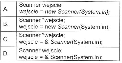 5. W języku Java klasa Scanner zapewnia komunikację z wejściem programu. Obiekt tej klasy utworzą instrukcje A B C D 6.