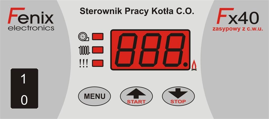 IV. Obsługa sterownika 1. Widok panelu sterowania. Praca wentylatora Praca pompy C.O. Praca pompy c.w.u. Wyświetlanie temp. kotła i temp. c.w.u. Stan pracy Włącznik główny Wejście do MENU Rozruch kotła.