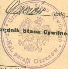 Odcisk pieczęci urzędowej urzędnika stanu cywilnego rzymskokatolickiej parafii Oszczów.