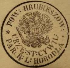 61 Odcisk 4 Rok 1873, 13 grudnia. Odcisk pieczęci urzędowej urzędnika stanu cywilnego rzymskokatolickiej parafii Horodło (ze zbiorów Andrzeja Karczmarczuka).