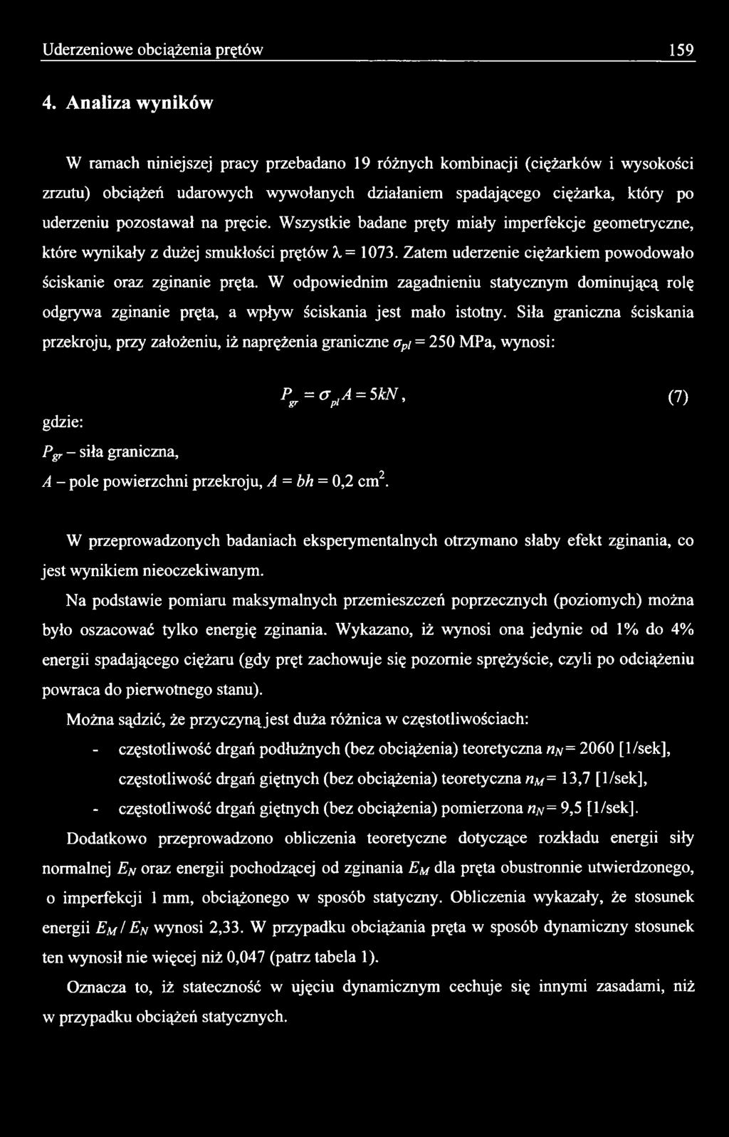 Siła graniczna ściskania przekroju, przy założeniu, iż naprężenia graniczne api = 250 MPa, wynosi: Pgr = CTpiA = 5 k N (7) gdzie: Pgr - siła graniczna, A - pole powierzchni przekroju, A = bh = 0,2