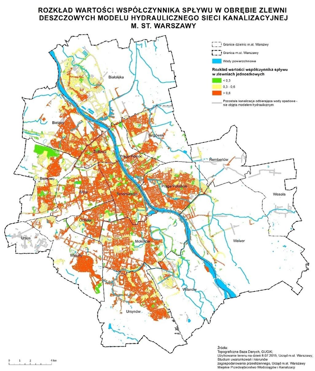Wartości współczynnika spływu w zlewni kanalizacji ogólnospławnej Wykonany przez MPWiK model spływu dla sieci kanalizacyjnej wskazuje na bardzo duże różnice w wielkości zrzutów,