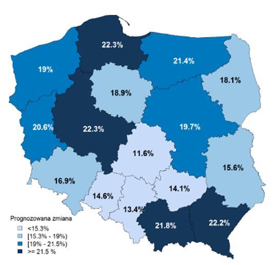 Rycina 4. Prognozowana zmiana liczby nowych zachorowań na nowotwory złośliwe w Polsce w roku 2029 w stosunku do roku 2016 Źródło: http://www.mapypotrzebzdrowotnych.mz.gov.pl/ [dostęp z dnia 16.12.