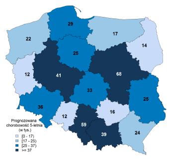 Rycina 5. Prognozowana chorobowość 5-letnia na nowotwory złośliwe w Polsce w roku 2016 (w tys.) Źródło: http://www.mapypotrzebzdrowotnych.mz.gov.pl/ [dostęp z dnia 16.12.2016] 2.3.