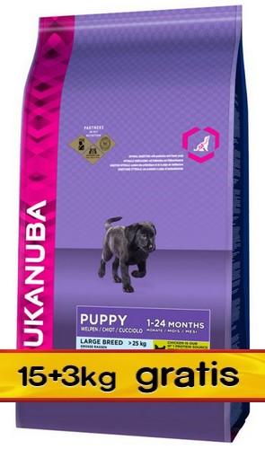 nazwa: Eukanuba Puppy Large Breed 18kg (15+3kg) marka: Eukanuba cena: 159.00 zł W 100% kompletna i zbilansowana karma dla szczeniąt ras dużych i olbrzymich (waga dorosłego psa >25 kg).