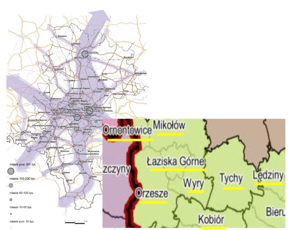 komunikacji zbiorowej118. Są to gminy: Mikołów, Orzesze, Wyry, Łaziska Górne, Ornontowice (powiat mikołowski), Lędziny (powiat bieruosko lędzioski) oraz Kobiór (powiat pszczyoski).