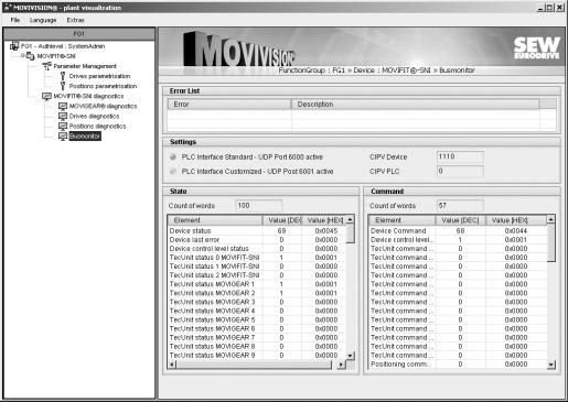 Parametryzacja i diagnoza Monitor magistrali I 0.8 Monitor magistrali Aby wyświetlić monitor magistrali, należy postępować w następujący sposób:. W oknie zadań MOVIVISION wybrać "Diagnoza". (Æ str.