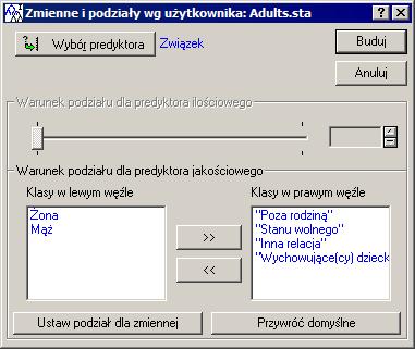 Klikamy przycisk Określanie podziałów i w wyświetlonym oknie widzimy, że algorytm sugeruje nam wprowadzenie podziału dla zmiennej Związek w ten sposób, by w lewym węźle znalazły się osoby zamężne