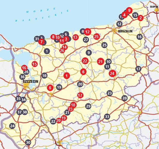 Mapa inwestycji realizowanych w ramach RPO WZ 2007-13 i