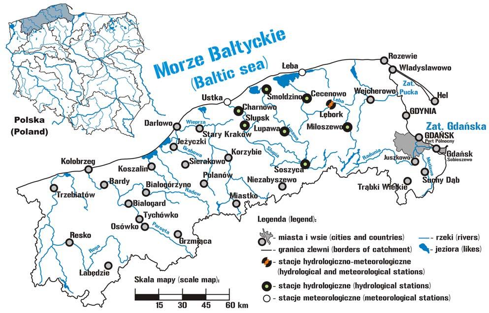 OBSZAR BADAŃ Obszar badań obejmuje swoim zasięgiem zlewnie trzech rzek przymorskich: Słupi, Łupawy i Łeby. Rzeki te są ciekami I rzędu. Od północy graniczą z wybrzeżem Bałtyku (rys. 1).