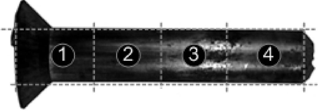 62 S. Szczepanik Rys. 11. Próbka wyciskana z oznaczeniami obszarów, z których pobrane zostały próbki do ściskania. Fig.11. Extruded sample with marked sites from which specimens were taken for compression testing.