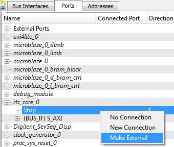 Proszę uczynić z portu Stop modułu rtc_core port zewnętrzny oraz dopilnować, by port S_AXI_ACLK został podpięty do 50 [MHz] zegara taktującego cały system cyfrowy (CLKOUT0).