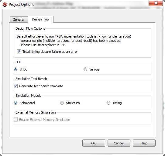 W oknie opcji projektu, w zakładce Design Flow proszę dopilnować, aby wybrana została symulacja behawioralna oraz utworzony został test bench.