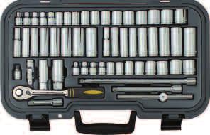 75, 125, 150, 250, 300 i 450mm przedłużacze, 150 i 250mm przedłużacze giętkie, 1/ 4 i 1/ 2 adaptory zewn., 1/ 4 złączka 6-kątna. Solidna, dopasowana kaseta plastikowa z otworem na kłódkę.
