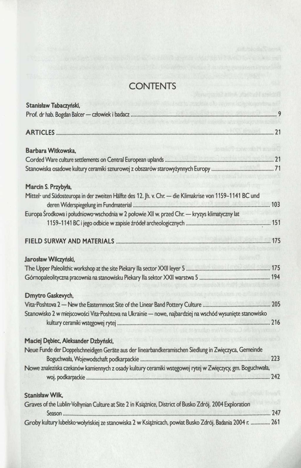 CONTENTS Stanisław Tabaczyński, Prof. dr hab.