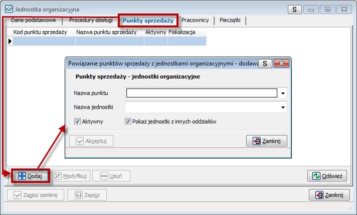 Ekran 19 - Okno obsługi modułu dodawania jednostki organizacyjnej powiązanie z punktem sprzedaży W kolejnej zakładce definiowani są pracownicy dla tworzonej jednostki organizacyjnej (Ekran 20).