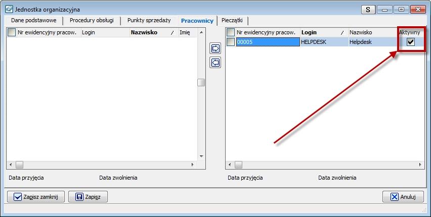 Pracownicy nieaktywni nie mają możliwości modyfikacji i tworzenia dokumentów powiązanych z jednostką
