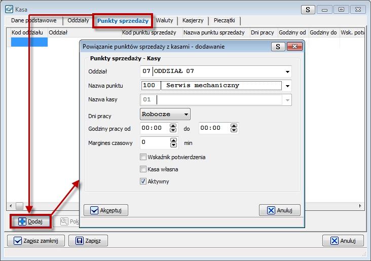 Ekran 34 - Okno obsługi modułu dodawania kasy powiązanie z punktami sprzedaży W zakładce (Ekran 35).